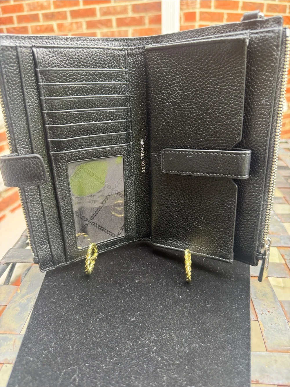 Michael Kors Black Pebbled Leather Zip Wristlet with Gold Logo